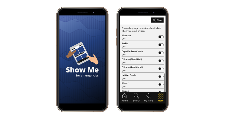 Two Iphones showing 2 different screens in the Show Me for Emergencies app. The first one shows the loader screen with the app icon, the second shows the screen where a language can be selected for translations.