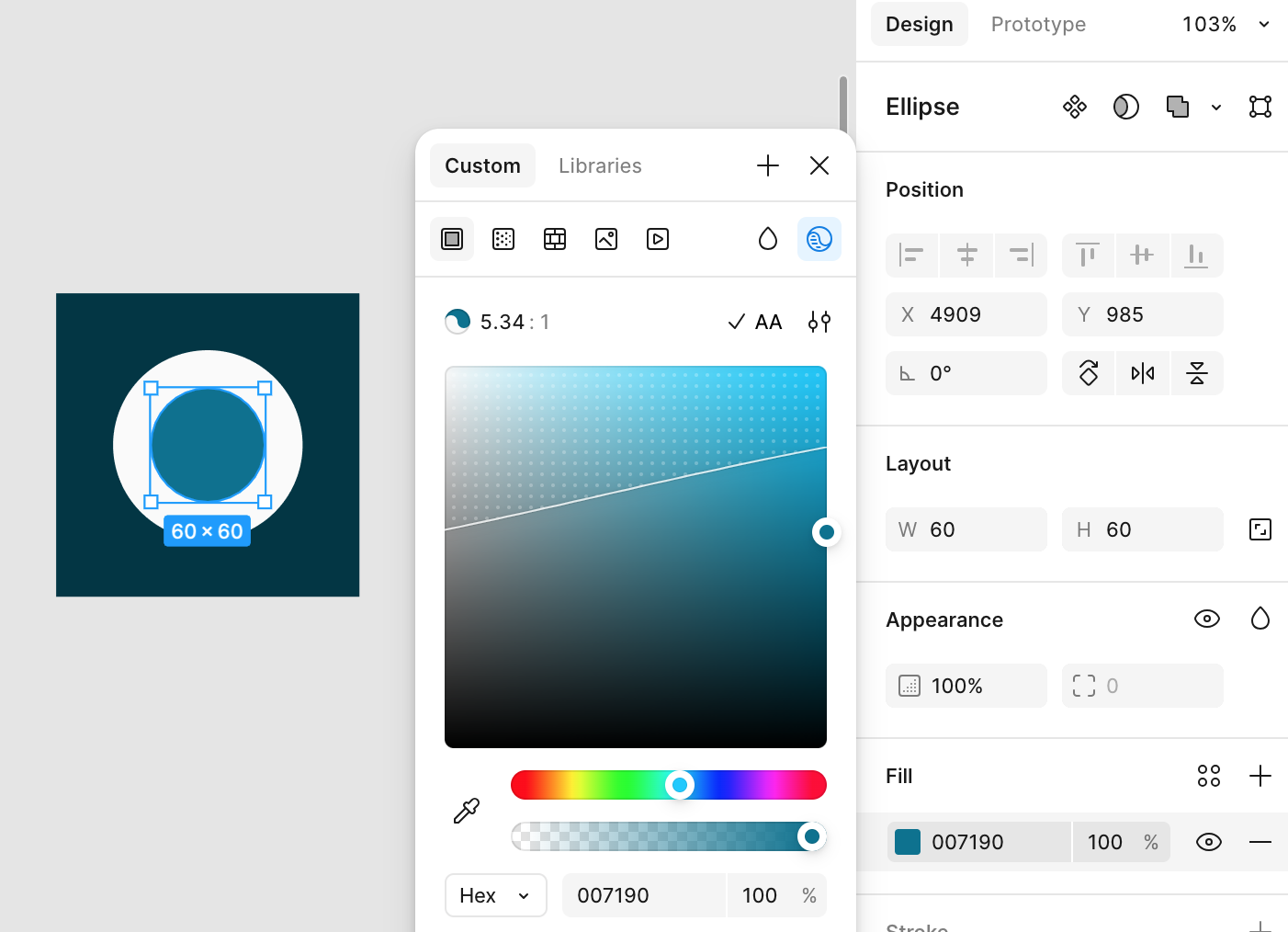 A screenshot of the Figma color picker tool with built-in contrast checker.