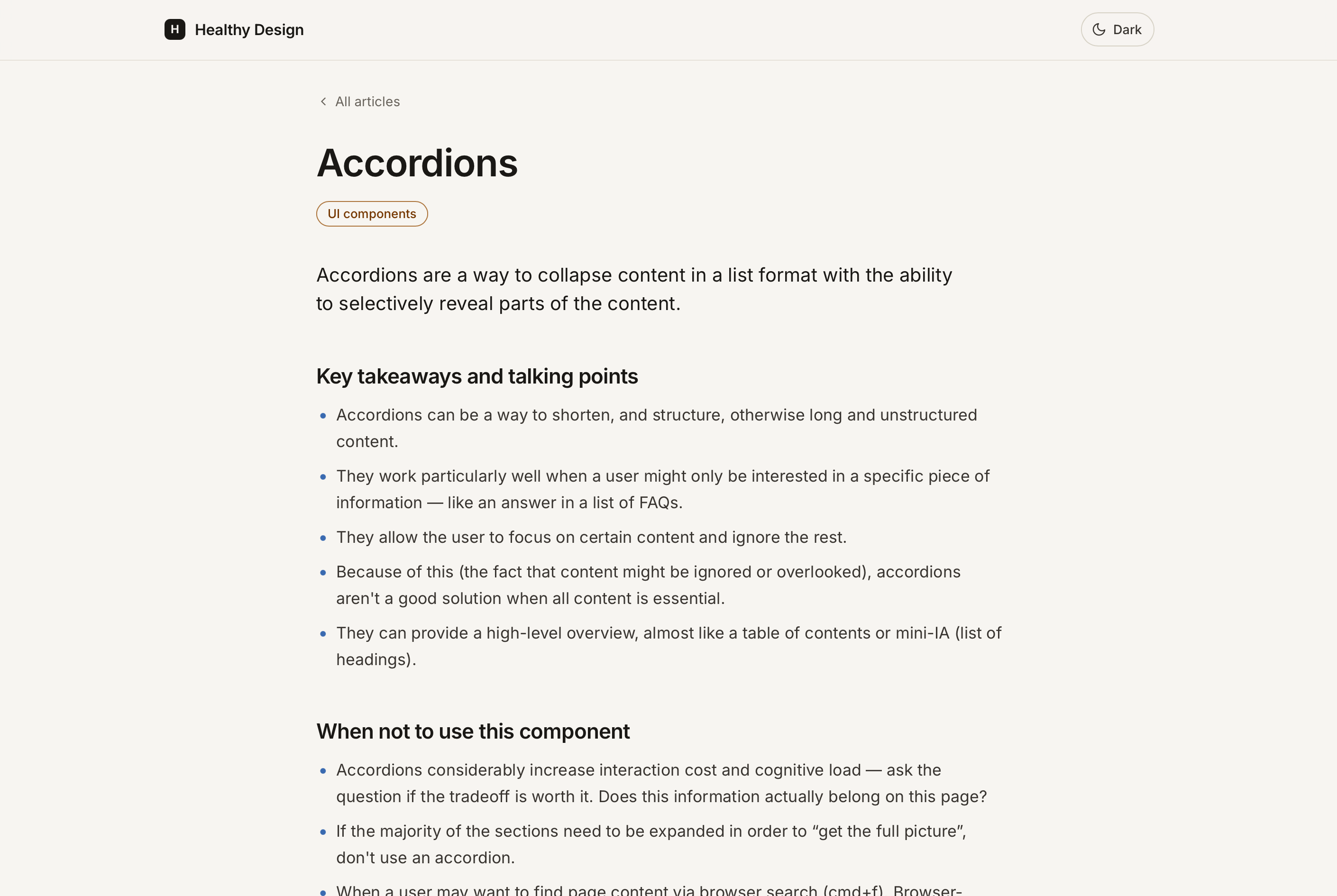 A screenshot of the Accordions page in the Healthy Design Library of best practices for UX/UI/IxD.