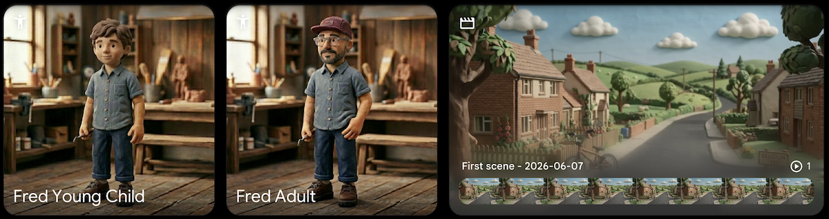 A few claymation-style assets. The same character as a young child and as an adult, both standing in a claymation studio. And a video still of a street scene with fields in the distance.