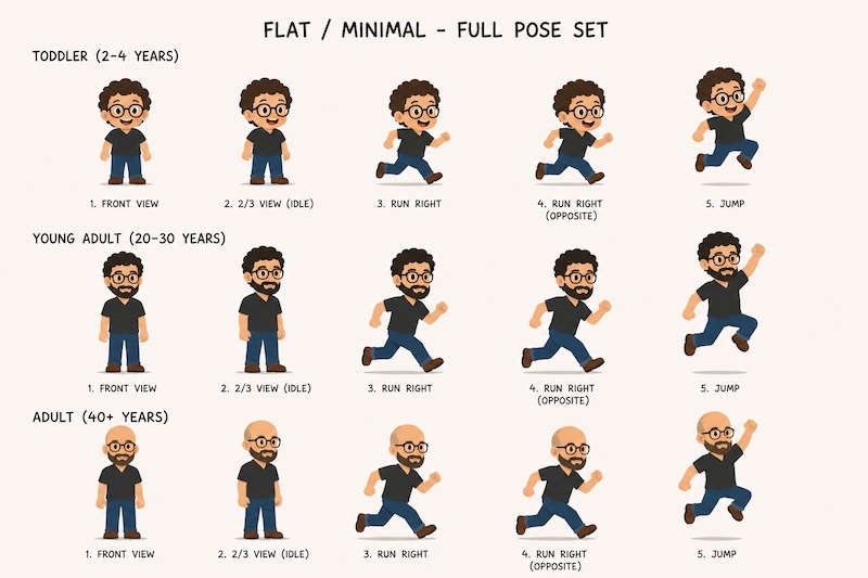 The same cartoon character shown at 3 different ages (toddler, young adult, older adult) and in a variety of poses (standing, running, jumping).