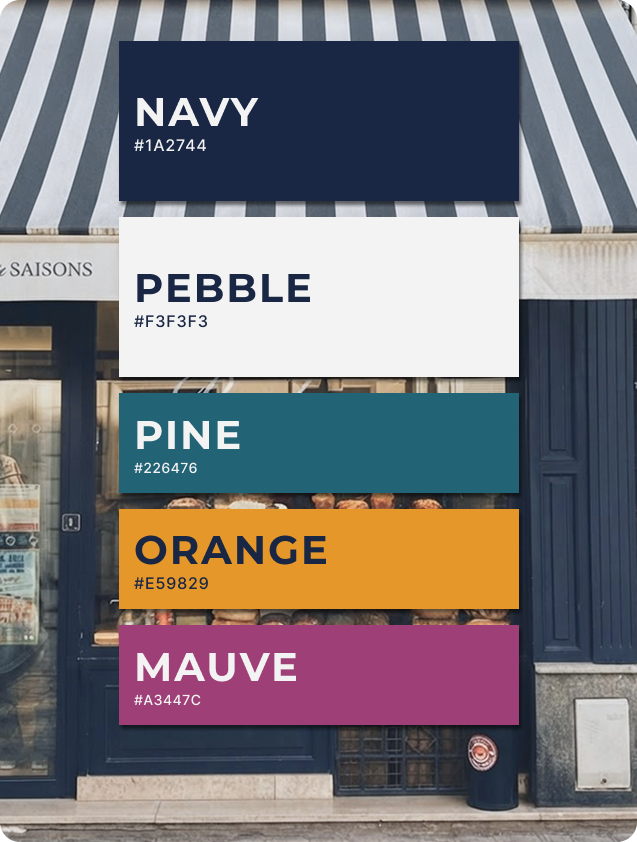 5 color swatches labeled navy, pebble, pine, orange, and mauve on top of a picture with a similar color palette. The picture is of a french bakery. 