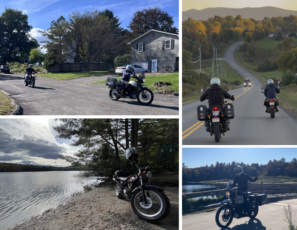 A collage of pictures documenting a motorcycle trip. Two motorcycles riding into the sunset on a winding Vermont road, riding through neighborhoods, and parked on the shore of a lake.