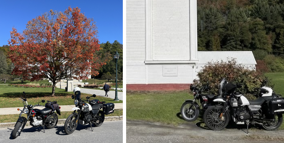 Two pictures of parked motorcycles. One shows 2 bikes parked in front of a tree with the Vermont State House in the background, the other shows the bikes parked in front of an old wooden church.