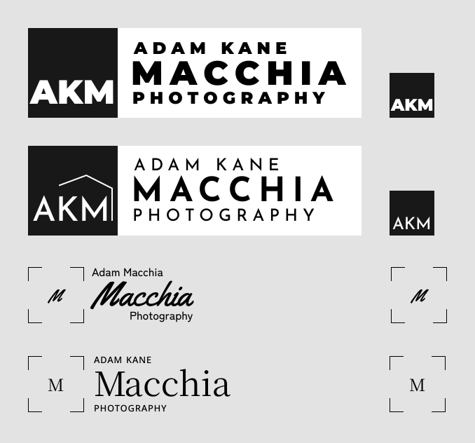 4 different logos for Adam Kane Macchia Photography.